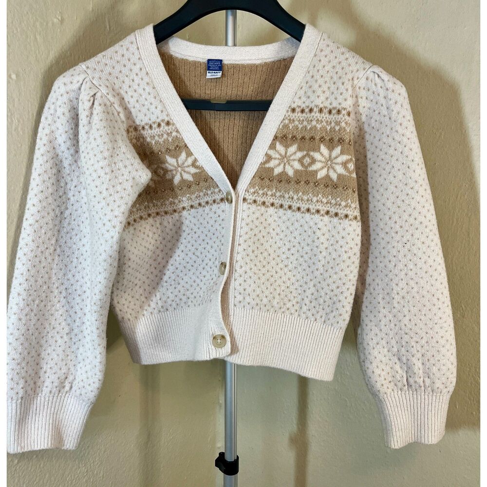 Old Navy Girls L (10-12) Fair Isle Cardigan Sweater - Cream/Tan L 10/12